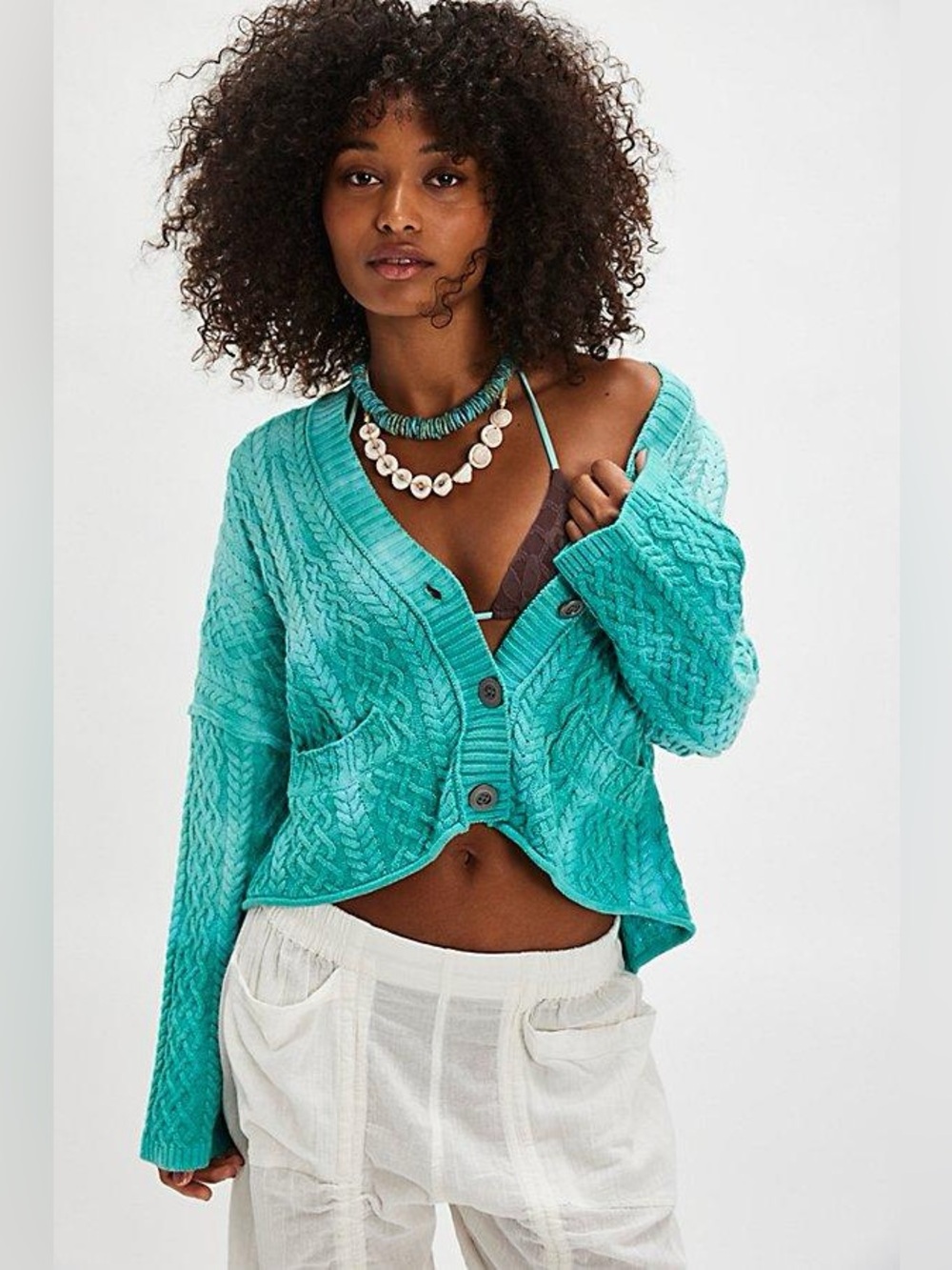 Free People Teal Blue Washed Ashore Cable Knit Oversized Cardigan Sweater